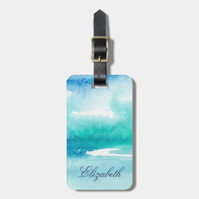 Étiquette À Bagage Turquoise Aquarelle Océan Nom personnalisé (Devant Vertical)