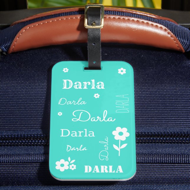 Étiquette À Bagage Turquoise avec Fleurs blanches, Customisé (Insitu Rectoal 2)