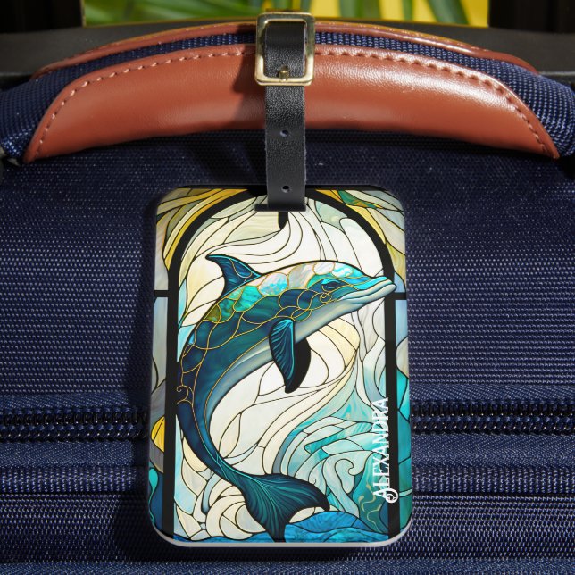 Étiquette À Bagage Turquoise bleu blanc dauphin look de verre tendu (Insitu Rectoal 2)