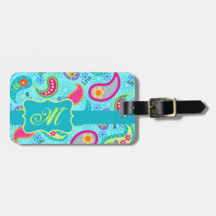 Étiquette À Bagage Turquoise bleu moderne Motif Paisley Monogramme