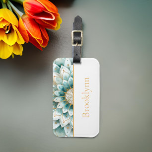 Étiquette À Bagage Turquoise bleu or Floral Mandala Personnalisé