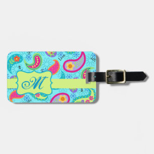 Étiquette À Bagage Turquoise Bleu Vert Moderne Paisley Monogramme
