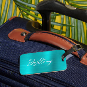 Étiquette À Bagage Turquoise Blue Foil Moderne Brush Script Prénom