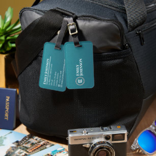 Étiquette À Bagage Turquoise Cuir Synthétique Chic Initiale Nom