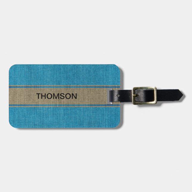 Étiquette À Bagage Turquoise Gold Denim Jeans Fabric Infos personnali (Devant horizontal)