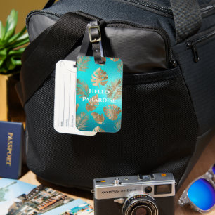 Étiquette À Bagage Turquoise Gold Tropical Feuille