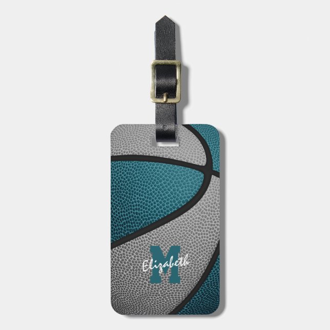 Étiquette À Bagage turquoise gris monogrammé sport cadeaux basket-bal (Devant Vertical)