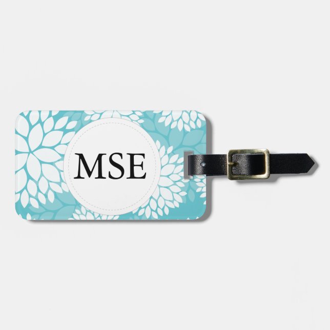 Étiquette À Bagage Turquoise motif floral blanc (Devant horizontal)