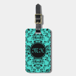 Étiquette À Bagage Turquoise noire élégante de damassé de monogramme