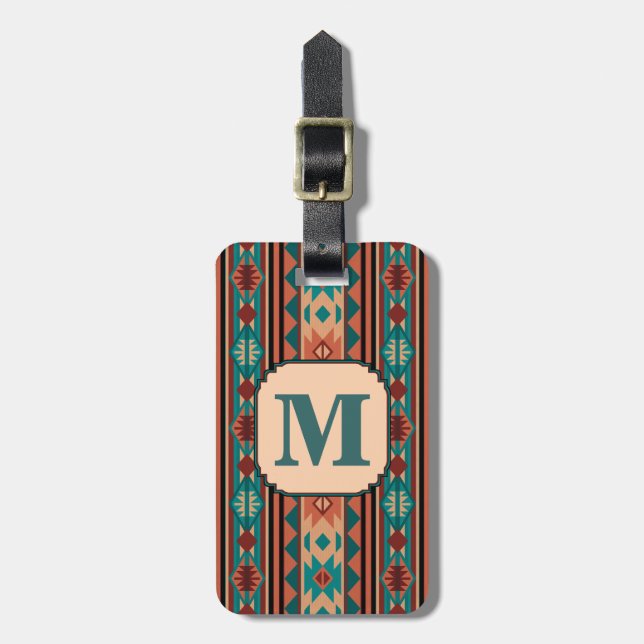 Étiquette À Bagage Turquoise Terracotta Monogram (Devant Vertical)