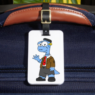 Étiquette À Bagage Un Brontosaur Dessiné, Habillé Comme Frankenstein.