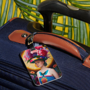 Étiquette À Bagage Une dame avec un casquette solaire à fleurs