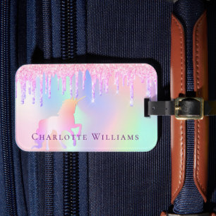 Étiquette À Bagage Unicorne rose pâle nom holographique