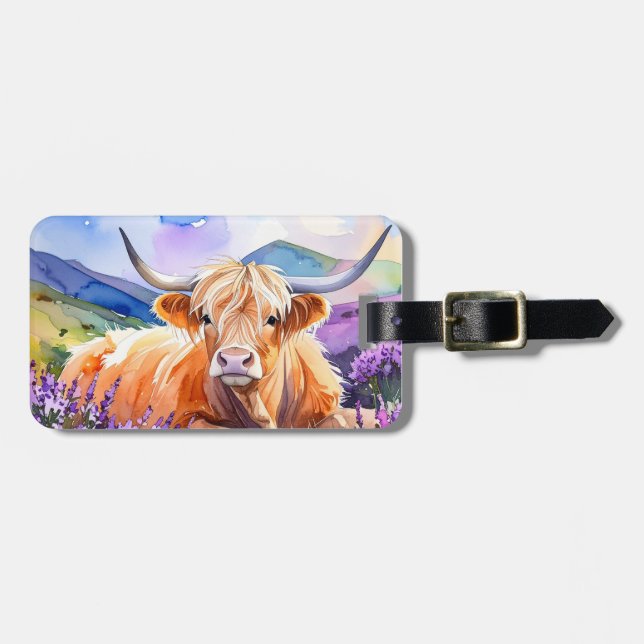 Étiquette À Bagage Vache Highland dans l'aquarelle de Heather violett (Devant horizontal)