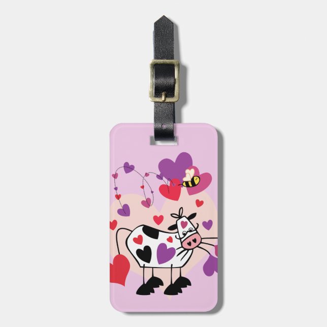 Étiquette À Bagage Vache mignonne avec des coeurs et un graphique (Devant Vertical)