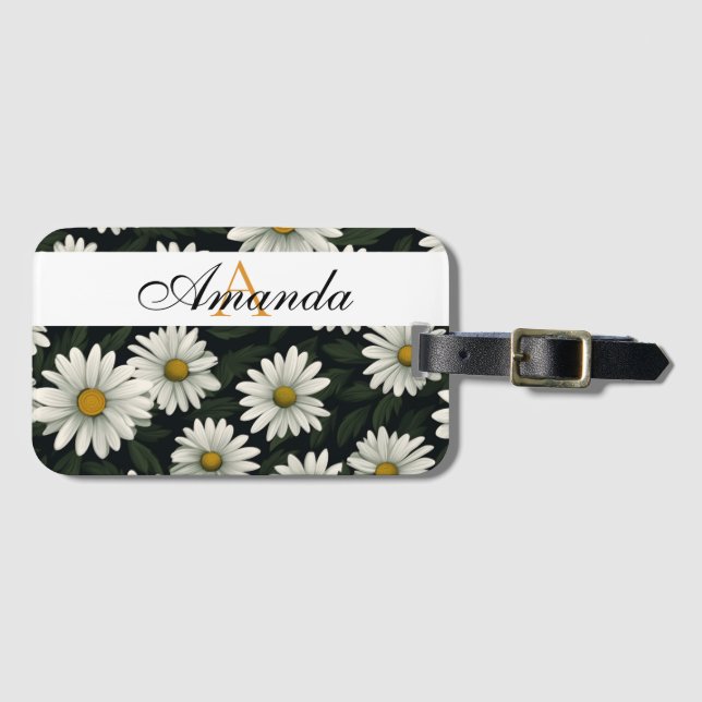 Étiquette À Bagage Vector White Daisy Seamless Motif Monogramme (Devant Horizontal)