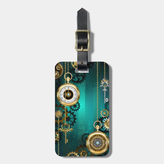 Étiquette À Bagage Veille bijoux Steampunk sur un Arrière - plan vert (Devant Vertical)