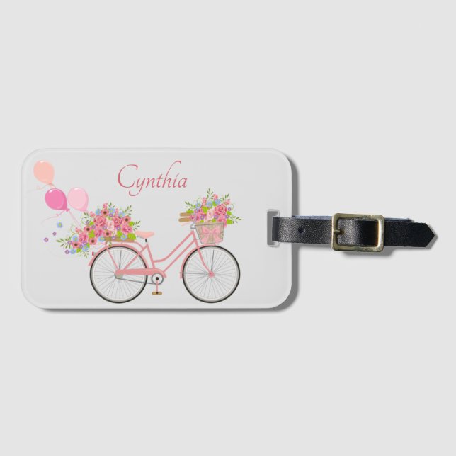 Étiquette À Bagage Vélo floral rose Whimsical Personnalisé (Devant Horizontal)