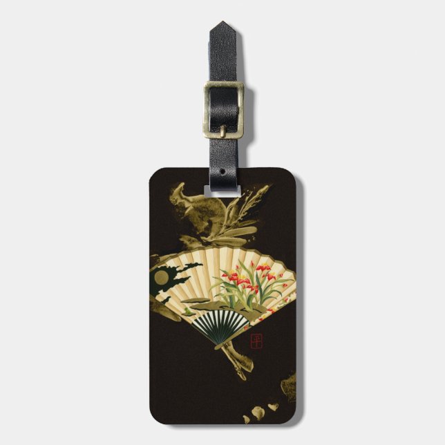 Étiquette À Bagage Ventilateur oriental criblé au design floral (Devant Vertical)
