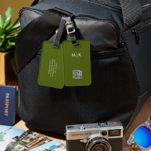 Étiquette À Bagage Vert olive avec code QR Monogramme moderne