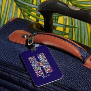 Étiquette À Bagage Vert violet jaune fleuri Monogramme initial h bleu