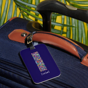 Étiquette À Bagage Vert violet jaune floral Monogramme initial I bleu