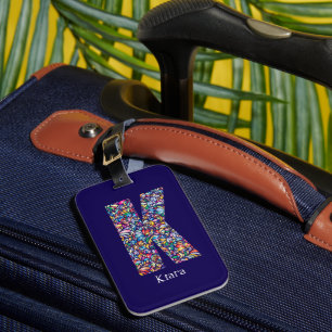 Étiquette À Bagage Vert violet jaune floral Monogramme initial K bleu