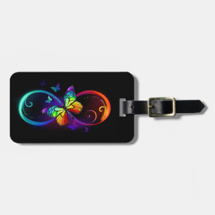 Étiquette À Bagage Vibrant infinity with rainbow butterfly on black
