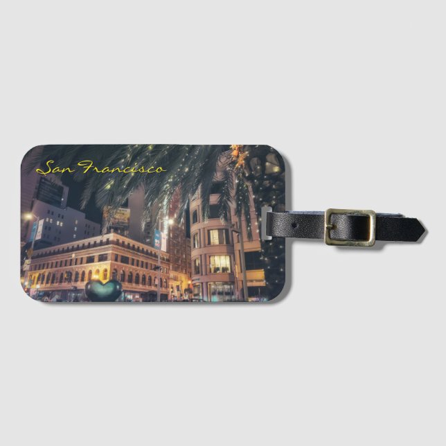 Étiquette À Bagage Vibrant Nighttime San Francisco with Palm Tree (Devant Horizontal)