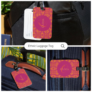 Étiquette À Bagage Vibrant violet orange mosaïque ethnique géométriqu