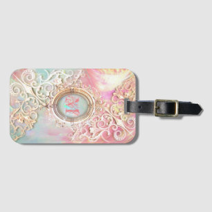 Étiquette À Bagage Victorien filigrane opale aspect rose sarcelle or