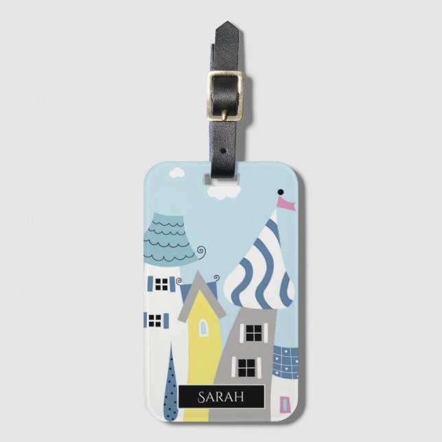Étiquette À Bagage Ville balnéaire de vacances illustré Personnalisé (Devant Vertical)
