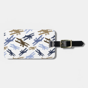 Étiquette À Bagage Vintage Biplane Motif d'avion bleu Brown