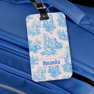 Étiquette À Bagage Vintage bleu turquoise toile jouy monogramme