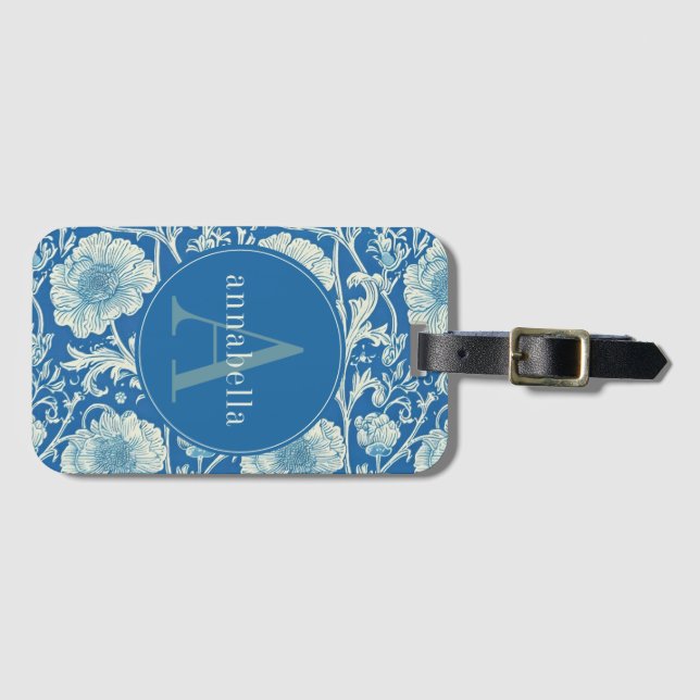 Étiquette À Bagage Vintage Blue William Morris Tapisserie Monogramme (Devant Horizontal)