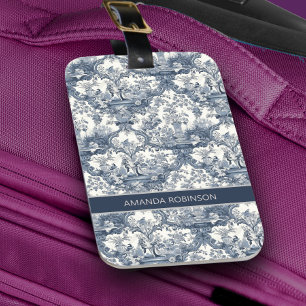Étiquette À Bagage Vintage damas à fleurs Bleu toile de jouy monogram