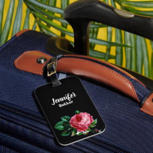 Étiquette À Bagage Vintage rose fleur nom personnalisé noir