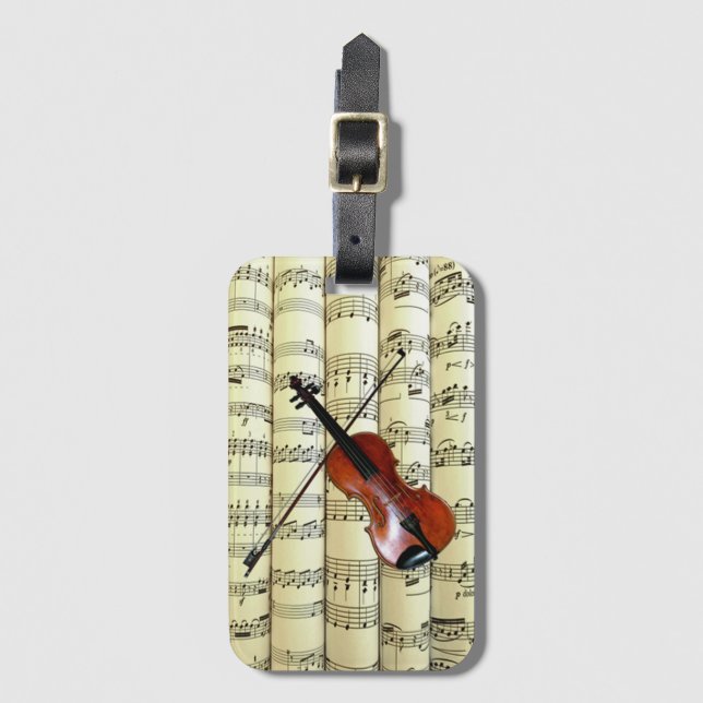 Étiquette À Bagage Violon Sur Partition Roulée ~ (Devant Vertical)