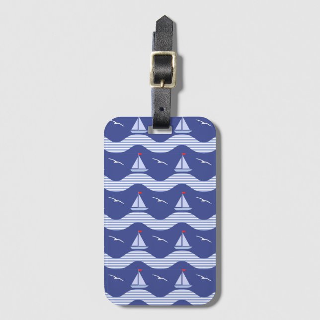 Étiquette À Bagage Voiliers sur un motif rayé de mer (Devant Vertical)