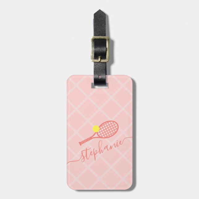 Étiquette À Bagage Voyage de Monogramme de tennis rose personnalisé (Devant Vertical)