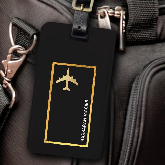 Étiquette À Bagage Voyage faux or avion personnalisable noir (Créateur téléchargé)