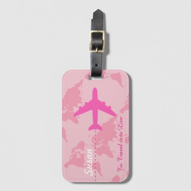 Étiquette À Bagage Voyage girly d'avion rose sur mesure (Devant Vertical)
