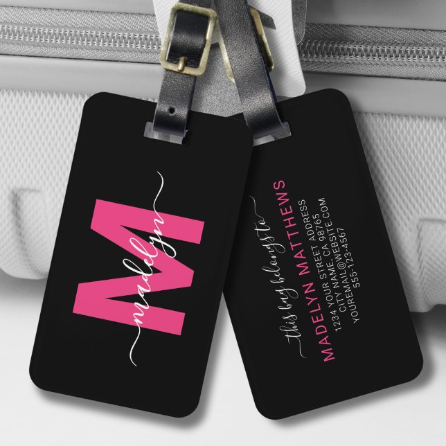 Étiquette À Bagage Voyageur personnalisé rose Nom initial Monogramme (Custom Traveler Pink Initial Name Monogram Luggage Tag)