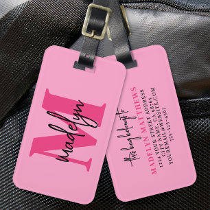 Étiquette À Bagage Voyageur rose chaud Nom initial Monogramme