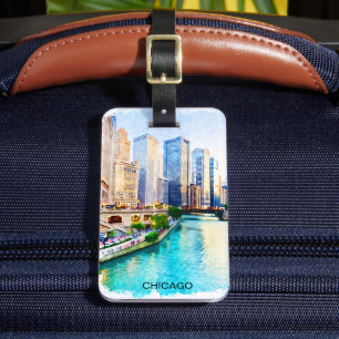 Étiquette À Bagage Vue de la ville de Chicago Illinois Watercolor