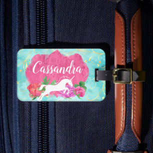 Étiquette À Bagage Watercolor Flower Unicorn Pink Blue Girls