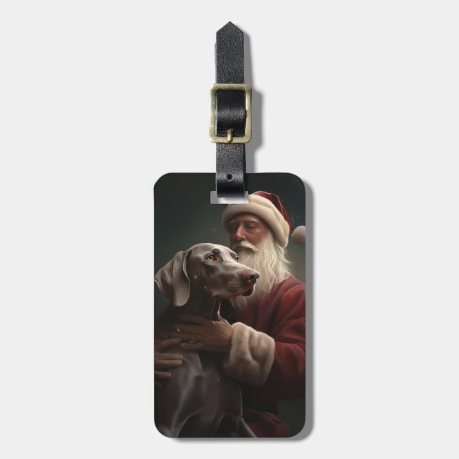 Étiquette À Bagage Weimaraner avec Noël Festif du Père Noël (Devant Vertical)