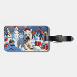 Étiquette À Bagage Westie courant dans la neige avec un chapeau de No