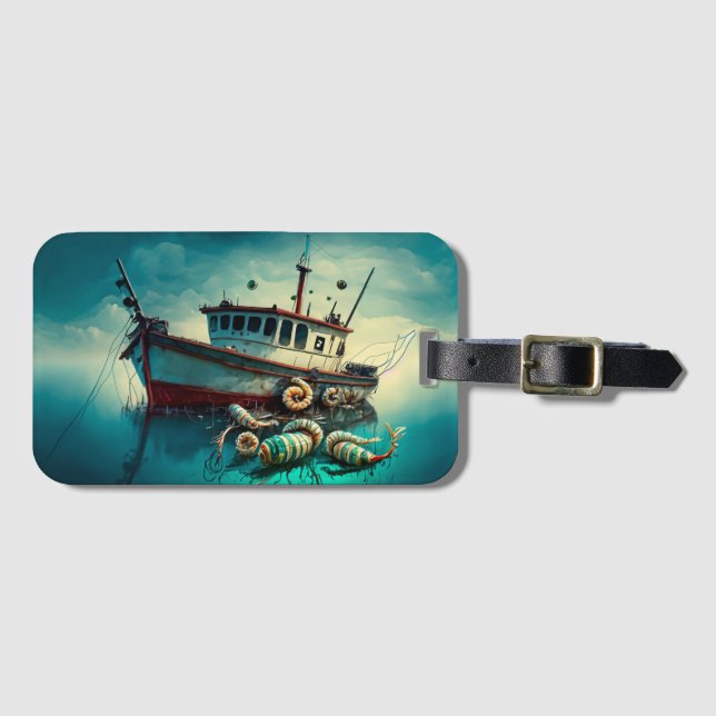 Étiquette À Bagage Whimsical Shrimp Boat and Shrimp License Plate (Devant Horizontal)
