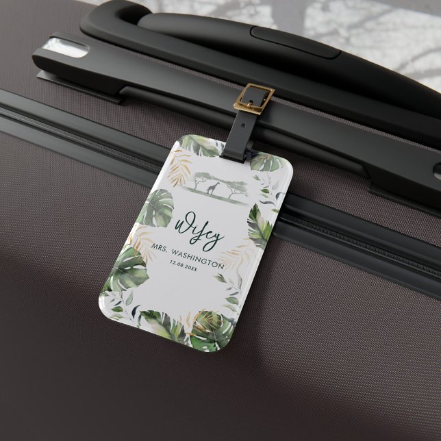 Étiquette À Bagage Wifey Script Lune de miel vacances Safari Voyage (Botanical Watercolor Palm Leaves Wife Newlywed Honeymoon Luggage Tag)